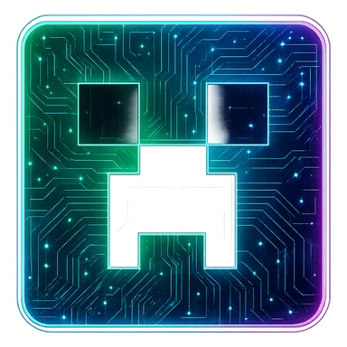 Transform the Minecraft launcher logo/creeper face into a cyberpunk, holographic style with glowing neon green, blue, and pink edges. Add intricate circuit patterns throughout the entire icon with a consistent cyberpunk glow. Maintain the recognizable creeper face and green color, overlaying neon and circuit effects in a futuristic, clean style. The whole icon should have a transparent background and detailed cyberpunk aesthetics. sticker