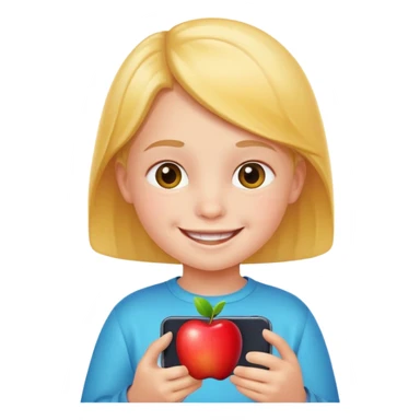 little kid smiling and looking at a phone, apple style emoji sticker