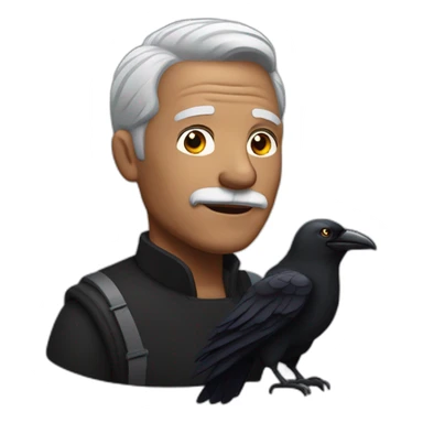 gray-haired grandfather in black with a raven on his shoulder sticker