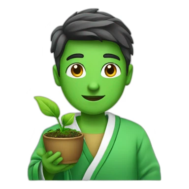 a student in a green robe with a green sprout in his hands. sticker