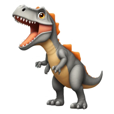 Stuffed animal Dino that’s grey standing on his two legs and has his mouth closed and has an orange belly  sticker