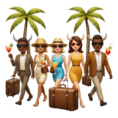 generate an emoji of a group of up to 8 male and female bulls travelling together on holidays. One bull has a suitcase, one has sunglasses, one is carrying a cocktail. They're all in motion, walking together sticker