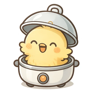 cute chibi soft fluffy chick in an egg cooker, popping out of the lid, smiling brightly, soft yellow, full-body sticker
