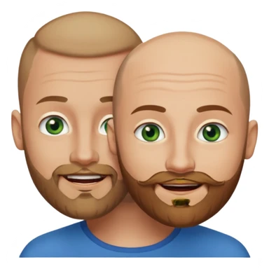 Shaved head man with dark blonde beard and blue eyes with mouth closed smile with brown haired woman with green eyes sticker