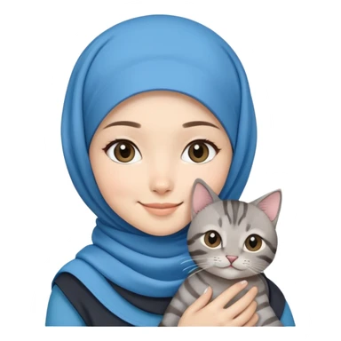 Asian white girl wearing cute blue hijab holding a black grey tabby cat while smiling sticker