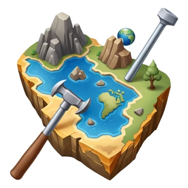 An icon featuring a rock hammer, a geological map, and layers of Earth’s crust, symbolizing geology. The design includes mineral samples, fossils, and tectonic plates, representing the study of Earth’s structure and natural processes. Transparent background highlights geological exploration sticker