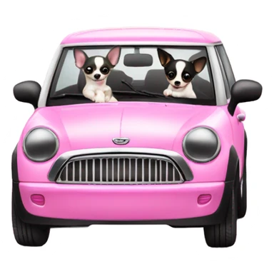 Black and white Chihuahua driving pink mini cooper sticker