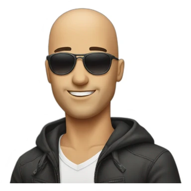 A bald guy with sunglasses amd sticker
