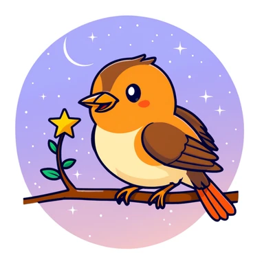 nightingale bird singing, small brown songbird against starry sky sticker