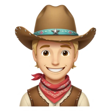 Clash of Clans aesthetic Playful Cowboy Portrait Emoji, Head tilted with a roguish, cheeky grin and twinkling eyes, featuring a compact, charming build with a jaunty hat and a friendly bandana, his natural skin tone adding authenticity, Simplified yet irresistibly charming features, highly detailed, glowing with a warm, inviting western glow, high shine, spirited and lively, stylized with an air of whimsical frontier mischief, soft glowing outline, capturing the essence of a playful cowboy exuding friendly rogue charm! sticker