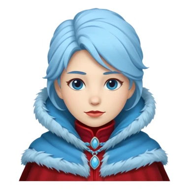 Fantasy human emoji portrait, simple winter mantle with icy blue fur trim and crimson inner fabric, northern winter aesthetic, calm heroic expression, clean flat emoji design, female variant
 sticker