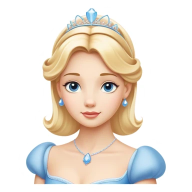 Cinematic Elegant Cinderella Portrait Emoji, rendered in a beautifully detailed, vector-style with minimal shading and bold, simplified shapes. Depict Cinderella in her classic ball gown (chest and above) with fair, porcelain skin and elegantly styled blonde hair, her eyes soft and kind, and her expression serene and graceful. The design glows with a gentle, enchanting radiance and high shine, capturing the timeless beauty of a fairy tale princess. sticker