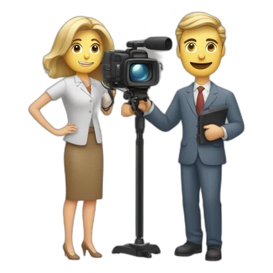 Periodista mujer y hombre con el micrófono frente a una cámara  sticker