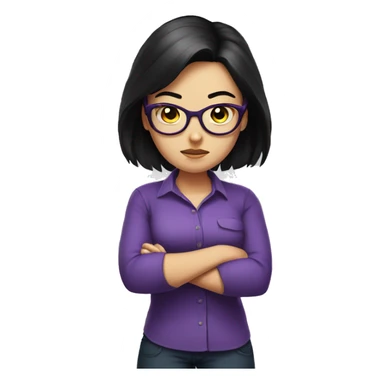Angry scowling white girl, purple shirt, long black hair, wearing glasses, with arms crossed over chest. sticker