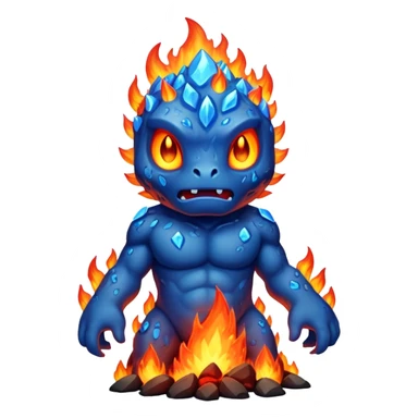 a mystical fast lava creature without arms with molten lava on its head and some rocky shoulders, fire crystals, blue flames, no background sticker