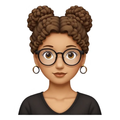 un chica con pelo rizado el peinadpo: un recogido osea todo el pelo recogido menos dos mechones alante que le llega hasta el cuello. luego pil un poco morena ojos marrones y tiene gafas negras y son exagonales pero un poco redondeadas.  sticker