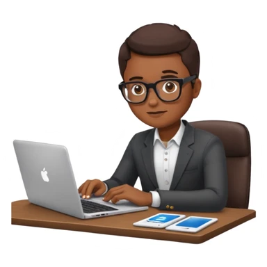 person at a desk with laptop, reviewing social media analytics, emoji style sticker
