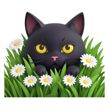 cute black cat with big yellow eyes, peeking from lush green grass, white flower on head, lots of 3D detail, soft lighting, 3D iOS 18 style sticker