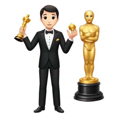 an actor standing on a red carpet with a formal tuxedo, with an oscar in his hand sticker