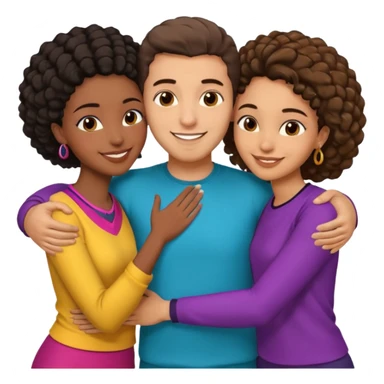  middle Eastern man with short brown hairwith two black african women both are African one is medium tone light tone skin black and one is medium tone black with african hair styles. and they are all smiling and putting their arms around each other and kiss, kissing and hugging. sticker