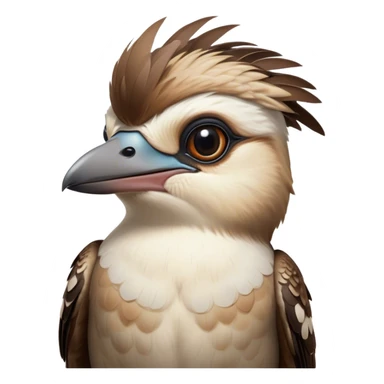 Cinematic Noble Kookaburra Portrait Emoji, Poised and regal, with a stout, robust build and a striking plumage of earthy browns and creams, a strong beak and deep-set soulful eyes, Simplified yet sharp and sophisticated features, highly detailed, glowing with a soft, dignified glow, high shine, intelligent and exuberant, stylized with an air of native woodland majesty, focused and attentive, soft glowing outline, capturing the essence of a watchful and confident bird, so majestic it feels as though it could laugh out of the screen with effortless authority! sticker