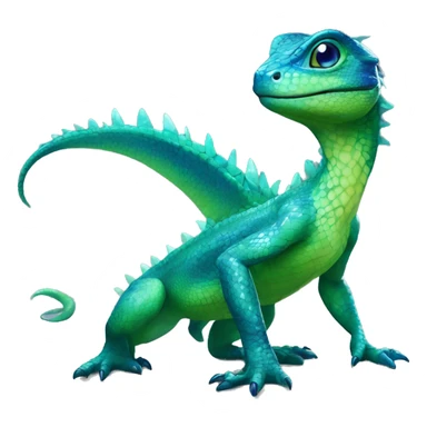 A Cyan Shiny Glossy Iridescent Anthro-Scalie-Lizard-Reptile-Salamandrian-Fakémon with dark-blue patterns and light-green belly Full Body sticker