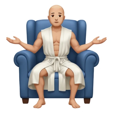 fullbody jacked bald guy, sleeveless and unbuttoned in full white robe sitting without chair and hands down sticker