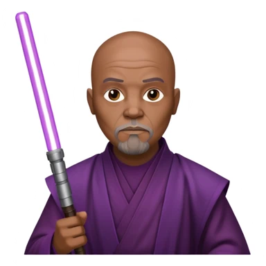 star wars master windu bald head, no facial hair, brown jedi outfit with purple lightsaber sticker
