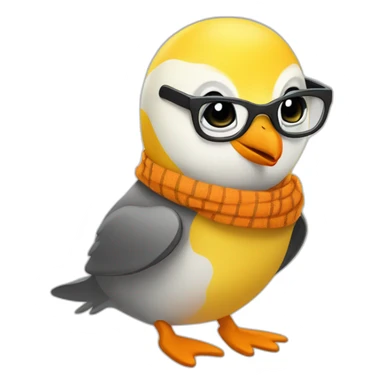 yellow penguin with black glasses dirtyblonde hair with orange tshirt and gray striped scarf sticker