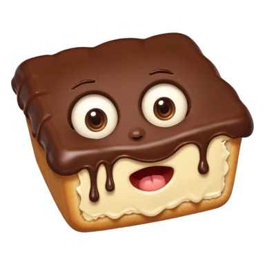 Funny cartoon rectangular chocolate mini pastry, slightly messy and squished, chocolate dripping, big round eyes, wide open mouth, playful surprised expression, text above: "ПАСТИЧКА", chibi style, Twitch emoji style, transparent background, colorful
``


 sticker