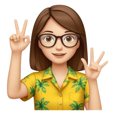 Hawaii female with white skin. Shoulder length straight brown hair. Brown eyes with glasses. Female wearing yellow Hawaiian print shirt. Women is making a hang loose sign with her left hand sticker