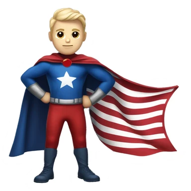 Emoji of Homelander from ‘The Boys’ series. USA flag-inspired costume with cape (red, blue, white). Confident, slightly menacing expression. sticker