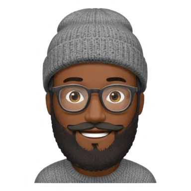 A dark-skinned man with a gray knit beanie, black glasses, a full beard, and a friendly smile. sticker