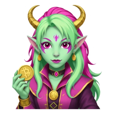 A D&D tiefling with pale green skin and long hot pink hair. She is a rouge and is obsessed with gold sticker