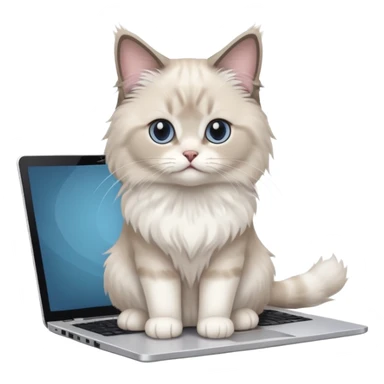 Cute ragdoll cat on a laptop. Should sit on top of the laptop, cat is way bigger than the laptop. Could walk on the laptop or sit. I liked the first one but remove the blue on the cat, Please make the brown parts light grey sticker