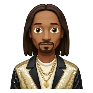 Snoop Dogg with long dark brown hair, ivory sequin jacket, black shirt with necklace sticker