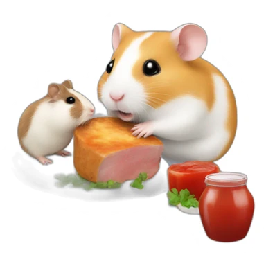 a hamster with a guinea pig eating a steak with ketchup  sticker