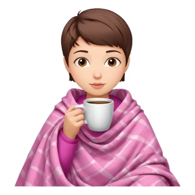 Brunette girl pixiecut Brown Hair in pink blanket drinking coffee sticker
