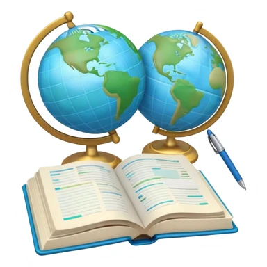 Create an emoji representing language translation. The design should feature just one globe in the background, symbolizing international communication. In front of the globe, place two opened books with texts on them and a pen nearby to indicate the act of writing. Use a clean and professional color palette with blues, greens, and neutral tones. Make the background transparent. sticker