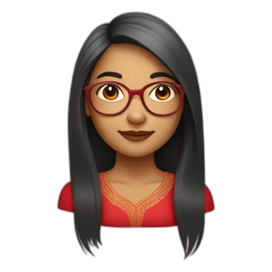 An Indian girl with a round face and straight long hair and old school transparent glasses. Wearing a red dress sticker