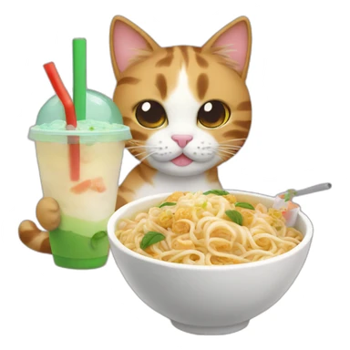 cat eating noodles next to bubble tea sticker