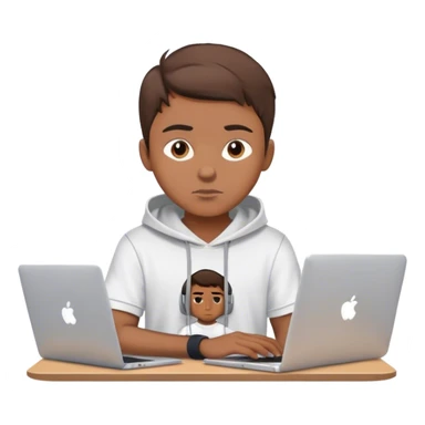 Emoji: A young man with short brown hair, working on a MacBook. He has a confident and concentrated look, wearing a stylish t-shirt or hoodie. The vibe is modern and professional, with a clean, minimalistic background sticker