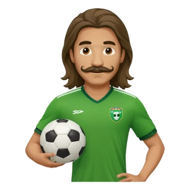 long hair man soccer player green jersey with mustache holding soccer ball sticker