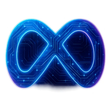 Transform the Meta logo into a cyberpunk, holographic style with glowing neon blue and pink edges, circuit patterns throughout the entire icon, and a transparent background. Maintain the recognizable Meta infinity loop shape and blue color, overlaying neon and circuit effects in a futuristic, clean cyberpunk style with consistent glow and intricate circuit details. sticker
