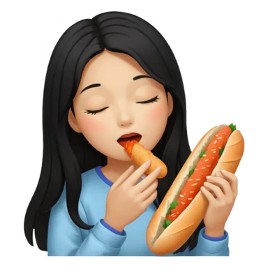 Girl black long hair eat kimchi close eyes baguette sticker