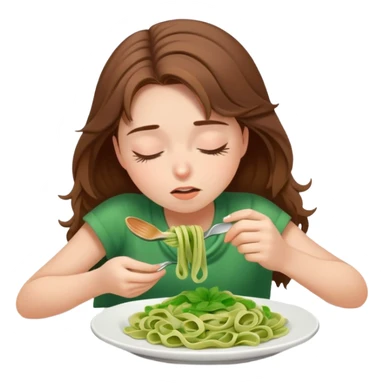 Brown haired girl eating green pasta falling asleep sticker