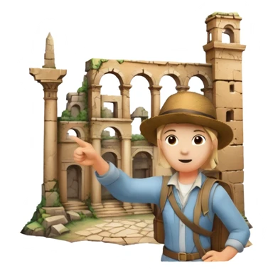 Icon for Documentary Film (TV style): A traveler pointing backward and narrating in front of ancient ruins. Include elements like historical landmarks, maps, and exploration tools to evoke a sense of adventure. Transparent background. sticker