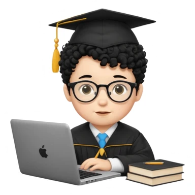 A baby boy DEVELOPER WITH A laptop, black curly hair and topknot, wearing glasses and a mortarboard sticker