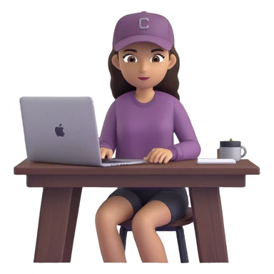 young woman with olive skin and long, dark brown hair, wearing a long-sleeved dark mauve shirt. She is wearing a black baseball cap.. She's sitting at a sleek wooden desk with a hardcover book, and to her right is a white coffee mug, while she looks and types on a silver MacBook.  sticker