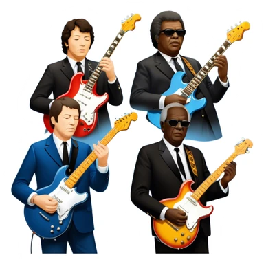 Icon for Blues Music: close-up collage of legendary blues artists. Gary Moore, Eric Clapton, B.B. King and Joe Cocker. Represented by silhouettes or symbolic items like guitars, microphones, or music notes, reflecting the soulful energy of blues music. Transparent background. sticker